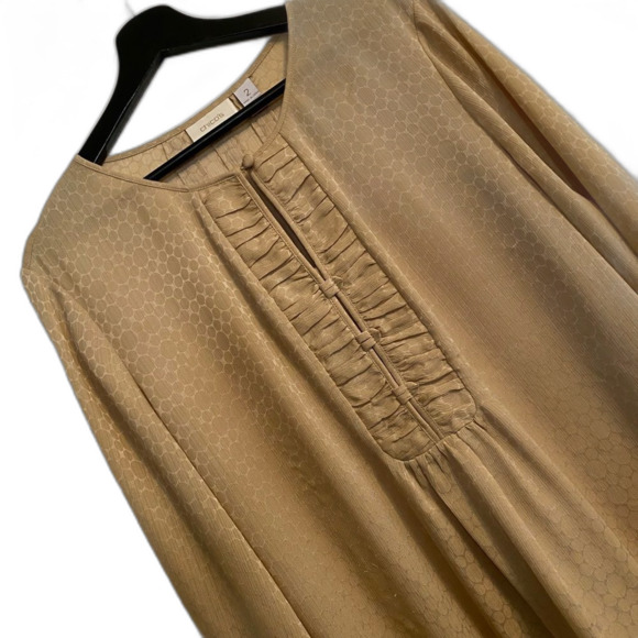 Chico's 2 L 12/14 Gold Tuxedo Front Blouse, Elegant, Textured, Art to Wear UB34 - Picture 1 of 8